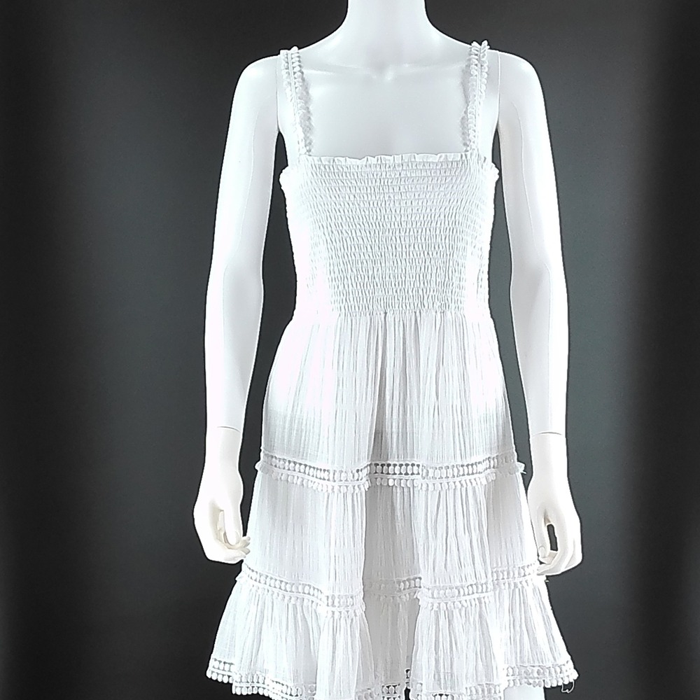 Steve Madden White Smocked Tiered Mini Dress Pom Pom Trim BM208881 Size Medium